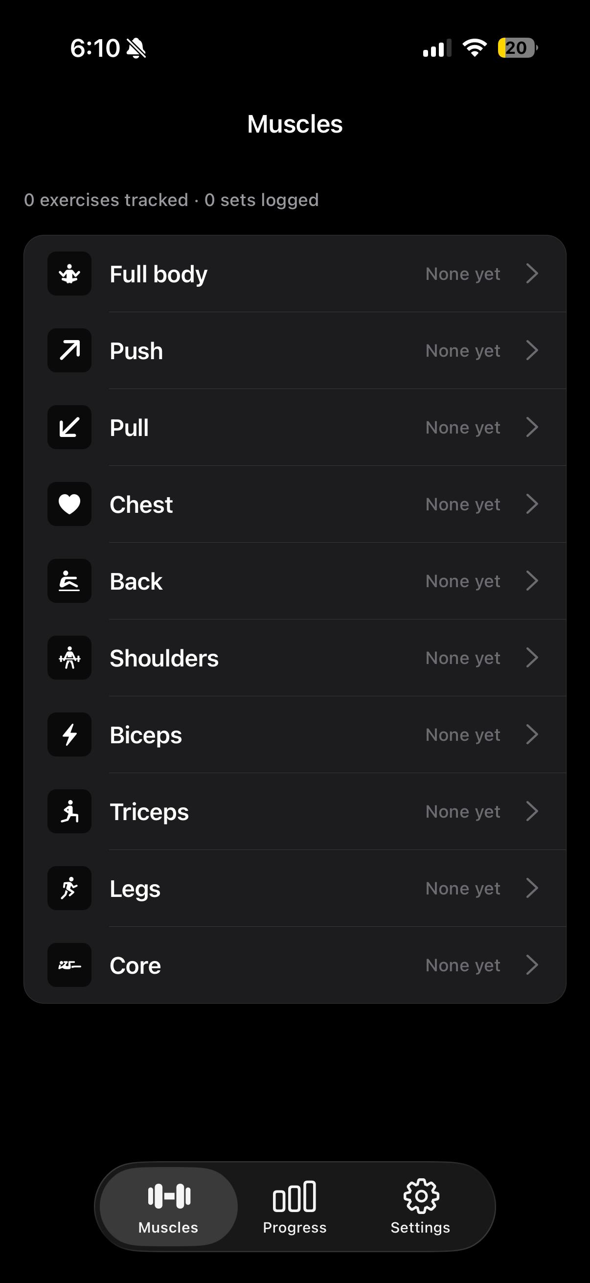 The muscle screen, listing the seven body parts the catalogue is grouped into.
